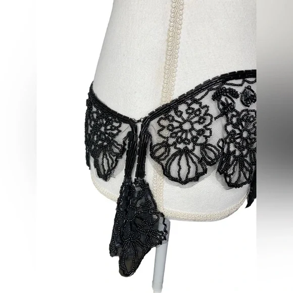Vintage Black Beaded Mesh Floral Design Bolero Collar Shaw Belt Multi-way Piece - Picture 15 of 16